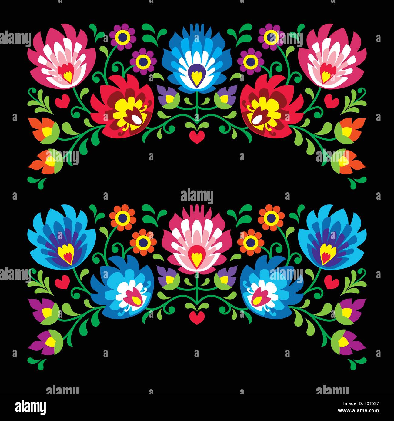 Polish floral folk embroidery patterns for card on black - Wzory Lowickie Stock Vector