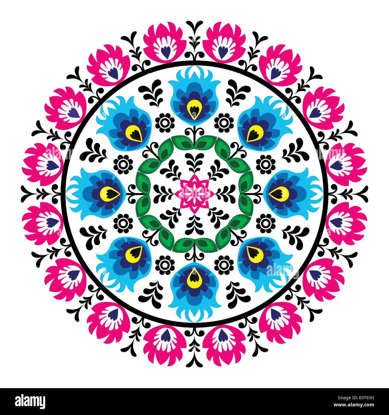 Polish traditional folk art pattern in circle - wzory lowickie, wycinanki    Decorative floral vector patters set - paper cutouts style isolated on wh Stock Vector