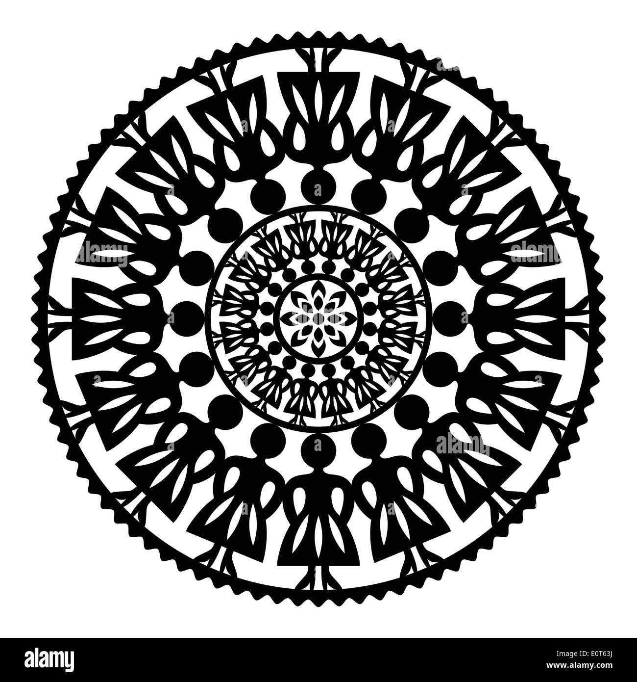 Polish traditional folk art pattern in circle with women - wzory lowickie, wycinanki  Decorative vector pattern - paper cutouts style isolated on whit Stock Vector