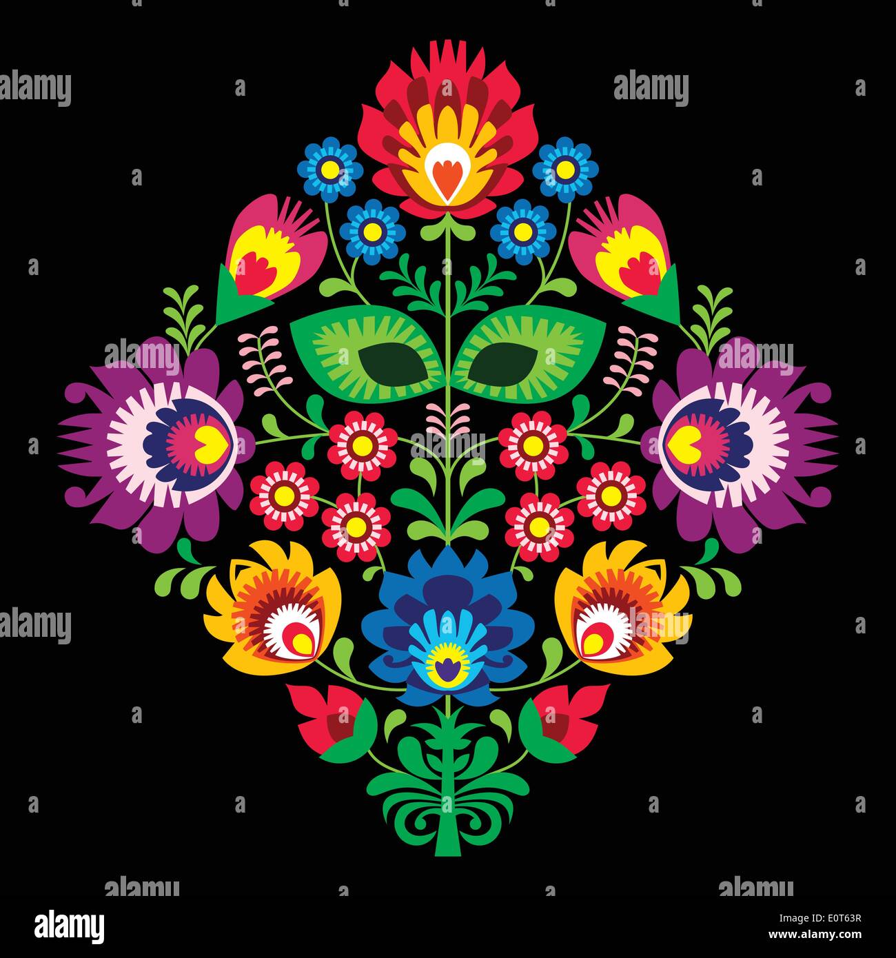 Folk embroidery with flowers - traditional polish pattern on black background Stock Vector