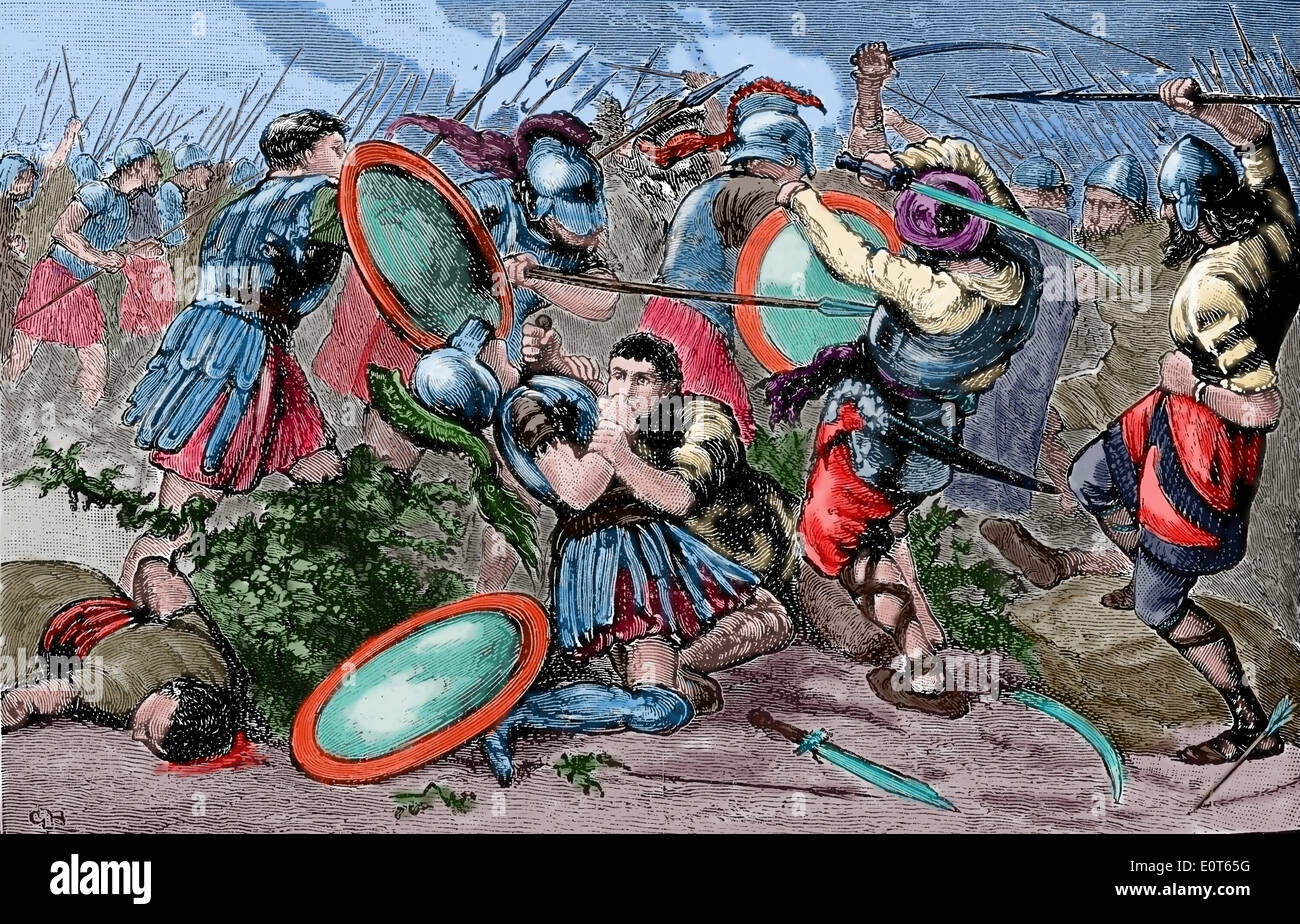 Battle of Cunaxa. 3 September 401 BC. Between Cyrus the Younger and his elder brother Arsaces, Persian. Engraving. Color Stock Photo