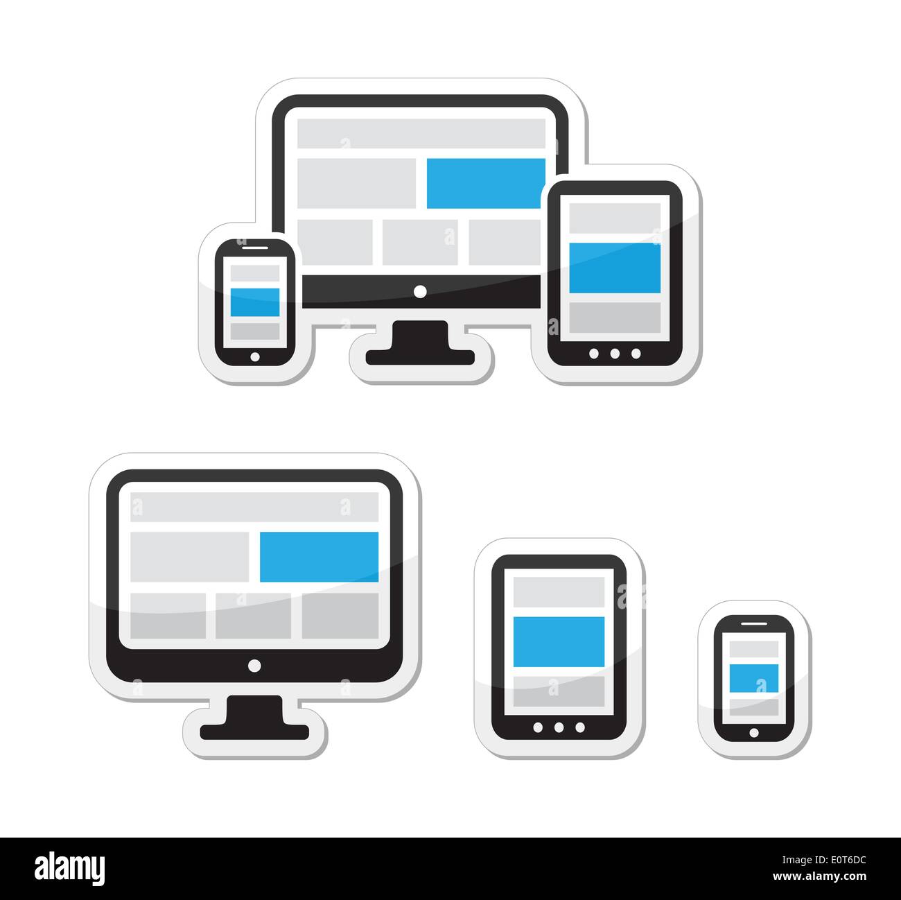 Responsive design for web - computer screen, smartphone, tablet labels set Stock Vector