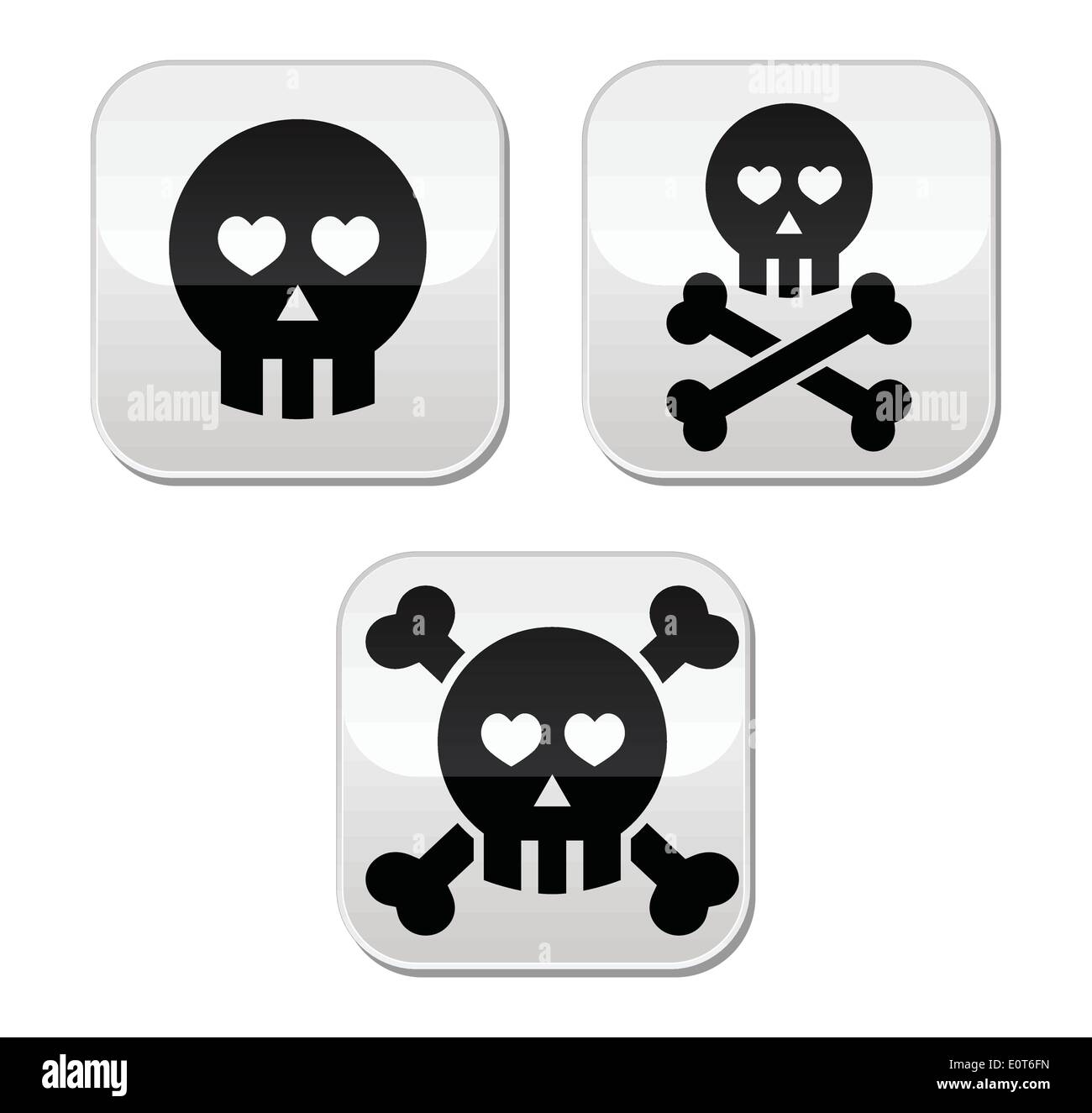 Cartoon skull with bones and hearts vector buttons set Stock Vector