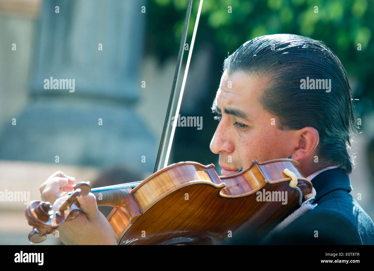 Close-up violinist playing violin street busker Guanajuato Mexico Stock Photo