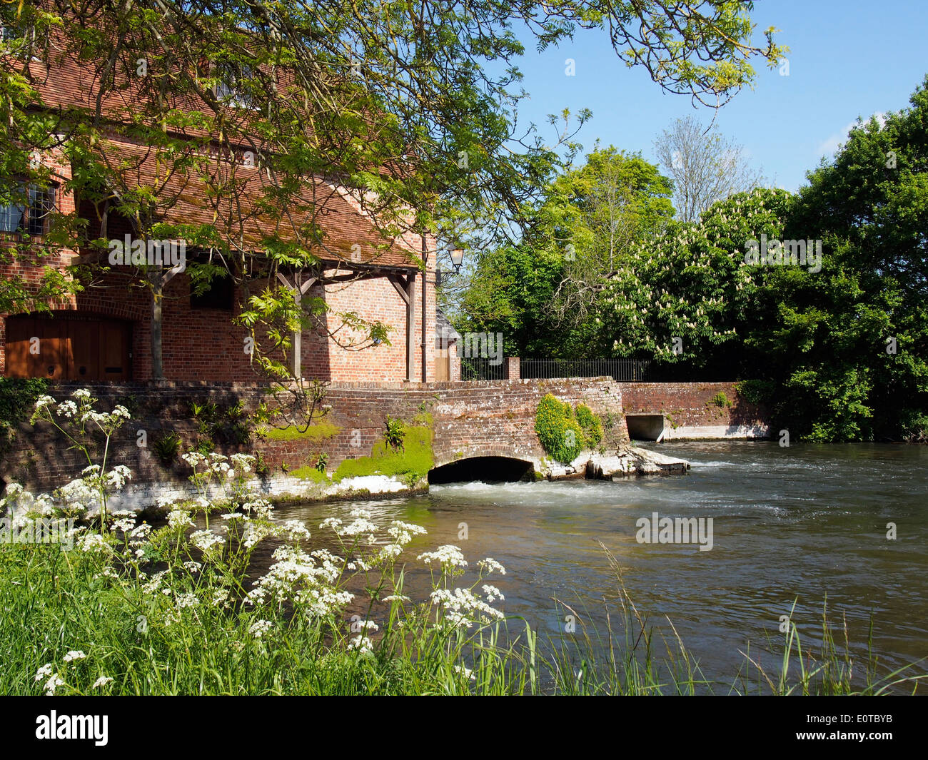 Sadler's Mill, a former water mill and salmon leap on a picturesque section of the River Test, Romsey in Hampshire. Stock Photo