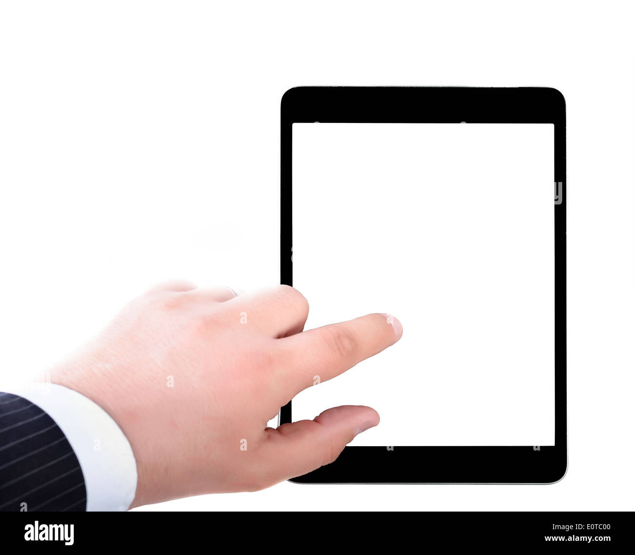Business man holding and Point on Tablet PC Stock Photo