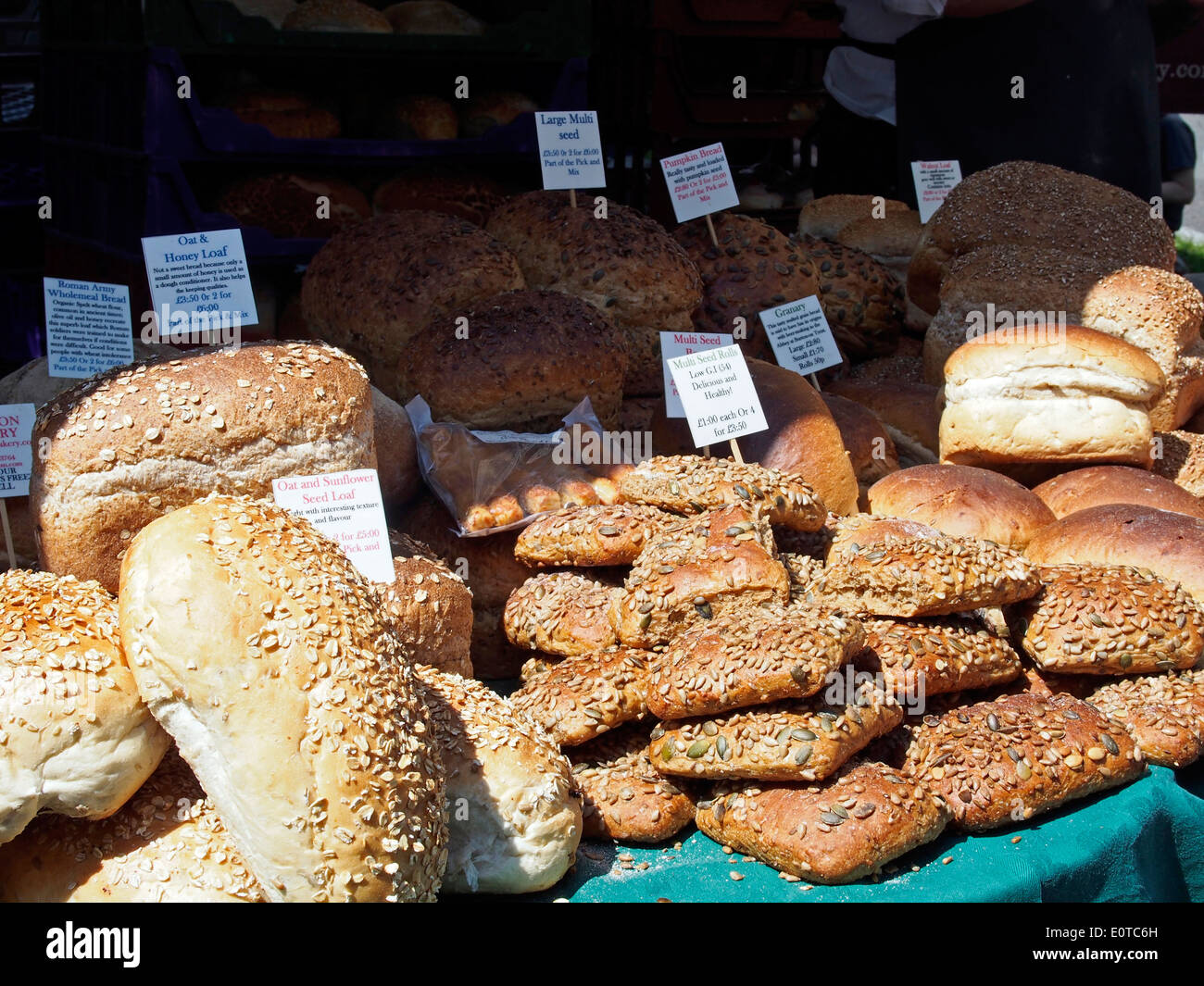 Artisan bread on stalls at a farmers market during Alresford Watercress Festival 2014. Stock Photo