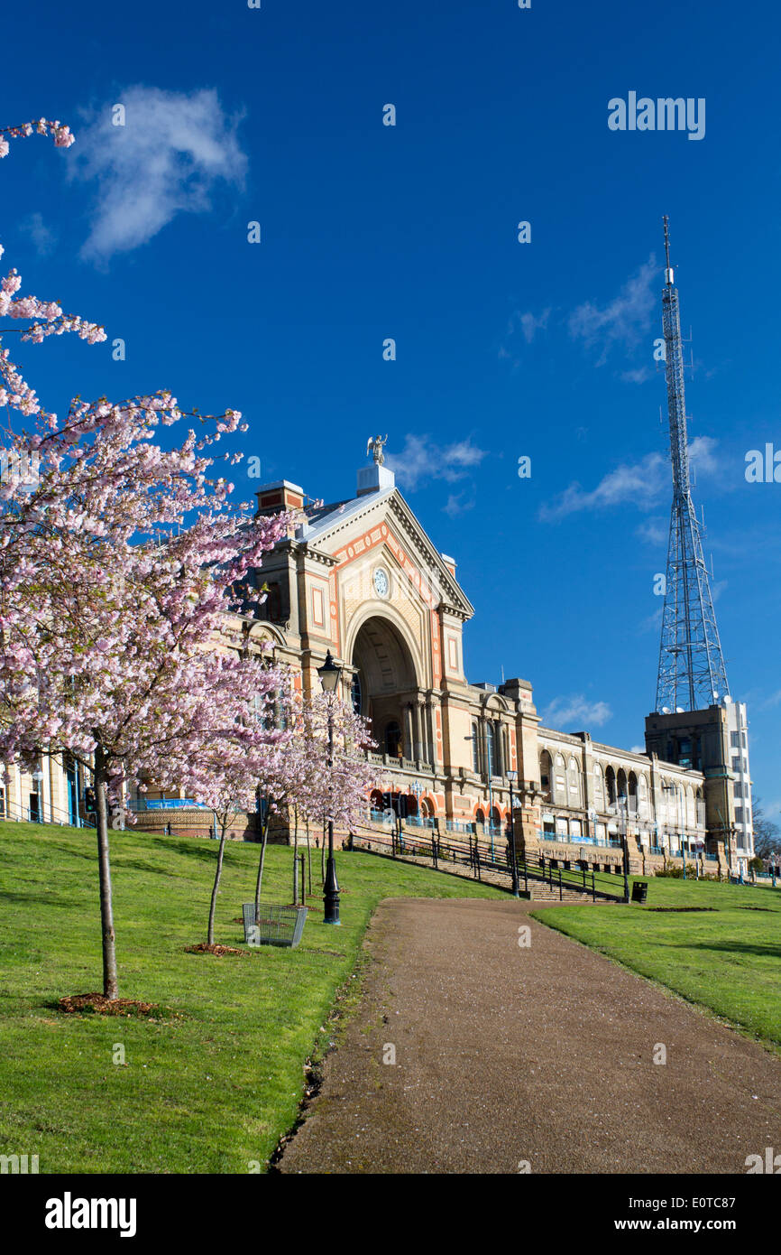 Alexandra Palace Exterior view in spring with pink blossom on trees Muswell Hill Haringey North London England UK Stock Photo