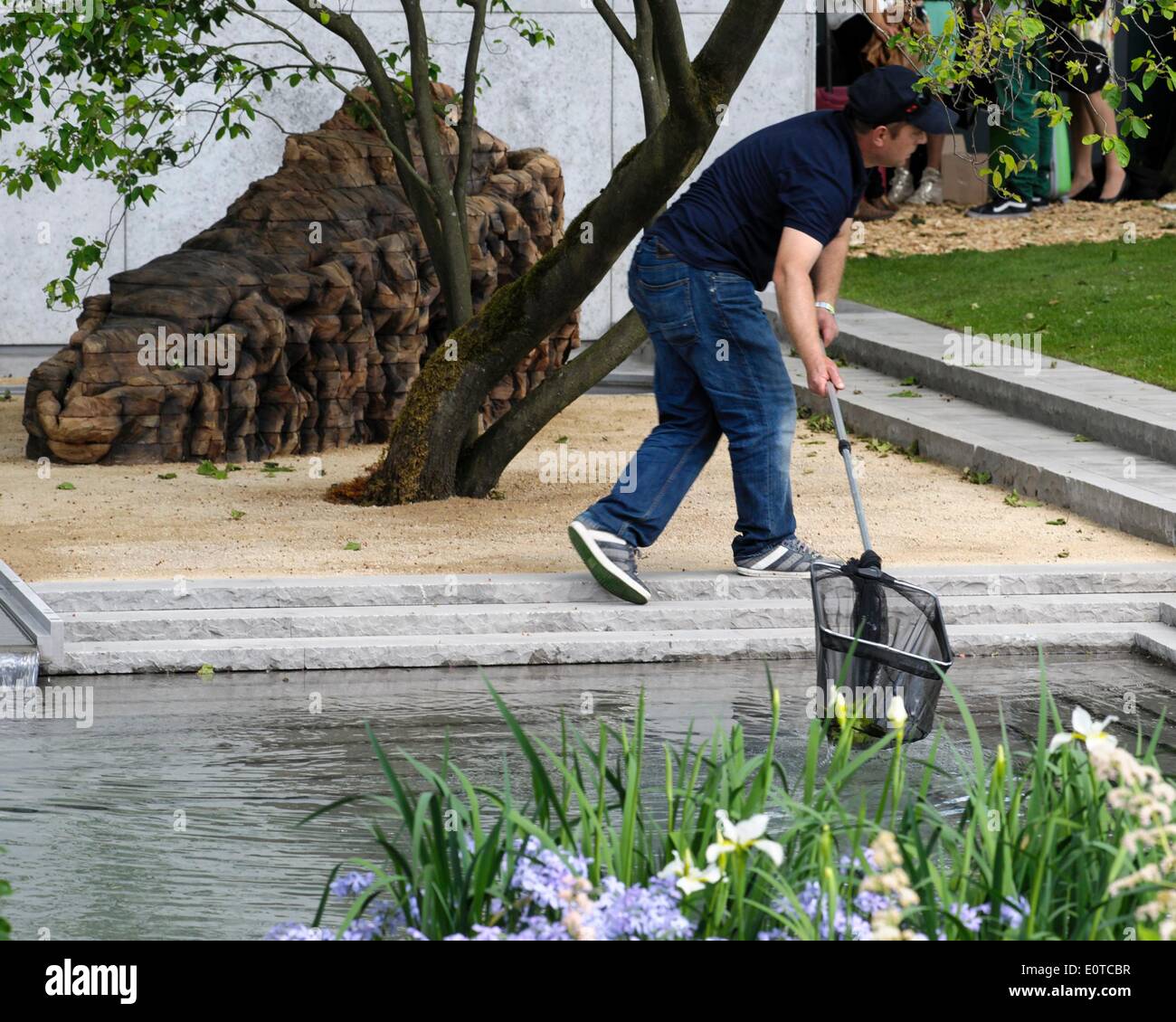 London, UK. 19th May, 2014. 2014 RHS Chelsea Flower Show. The pools are kept clear of Falling leaves in The Best in Show, Gold Medal winning Laurent-Perrier Garden.,designed by Luciano Giubbilei. Picture by Julie Edwards/Alamy Live News Stock Photo