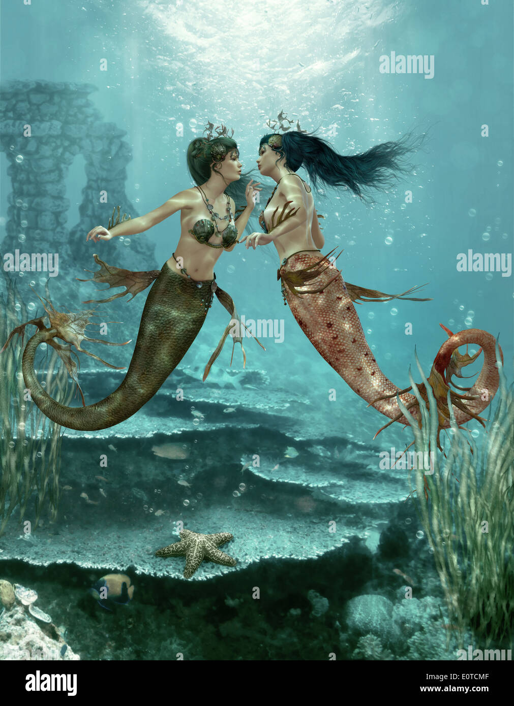 3d computer graphics of a two little mermaids Stock Photo