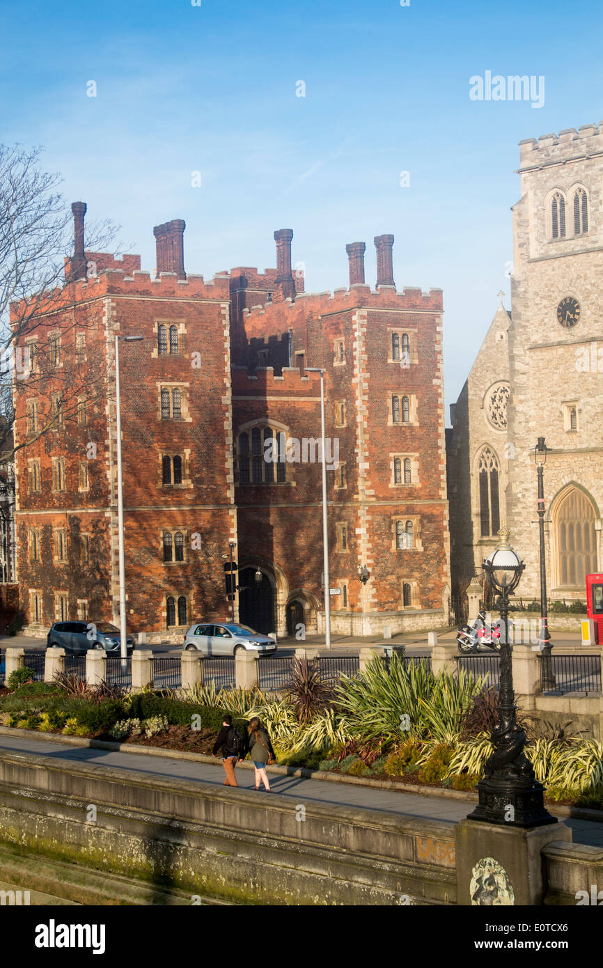 Lambeth Palace gatehouse entrance from Lambeth Bridge the official residence of the Archbishop of Canterbury London England UK Stock Photo