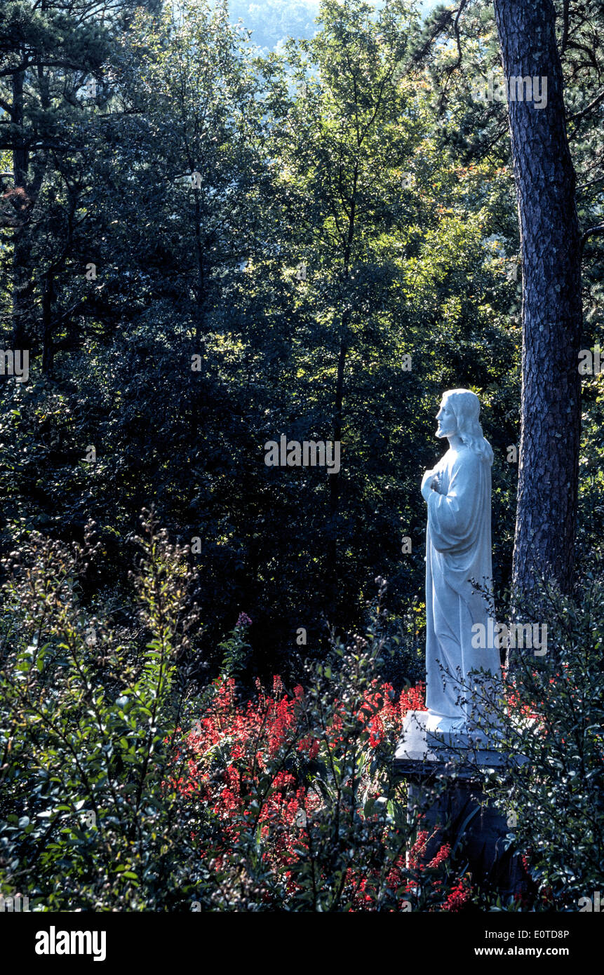 A white marble statue of Jesus Christ finds solitude in the treefilled
