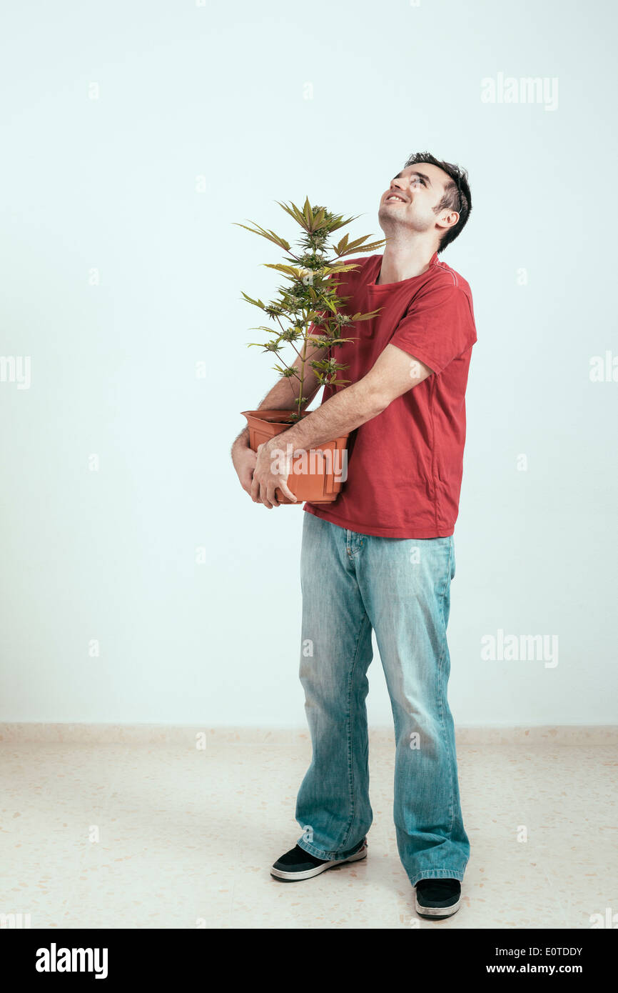 Portrait of happy man holding Cannabis plant and looking up. Stock Photo