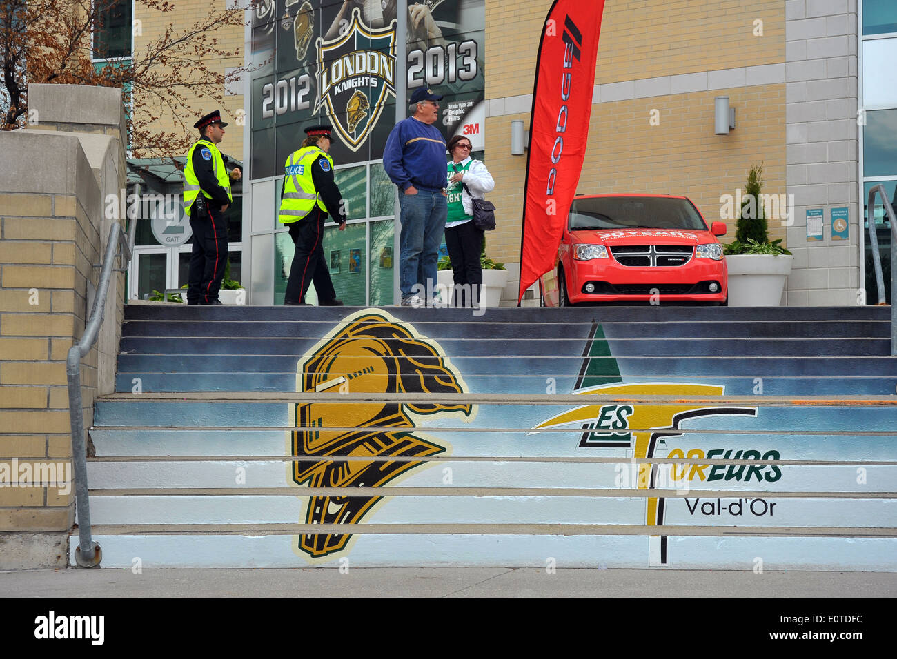 The London Knights and Val d'Or Foreurs ice hockey teams logos on the steps outside Budweiser Gardens in London Ontario. Stock Photo