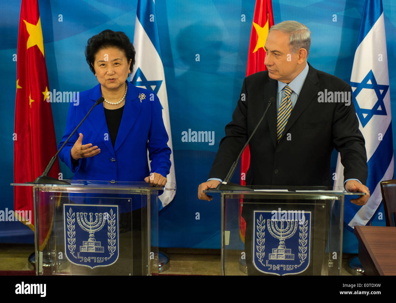 Jerusalem. 19th May, 2014. Chinese Vice Premier Liu Yandong (L) attends a news conference with Israeli Prime Minister Benjamin Netanyahu at the Prime Minister's Office in Jerusalem, on May 19, 2014. © Li Rui/Xinhua/Alamy Live News Stock Photo