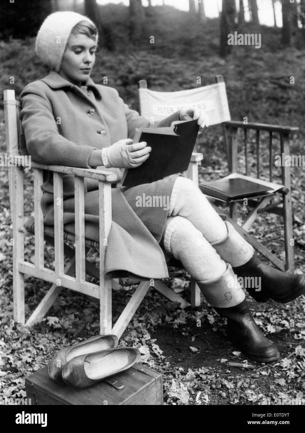 Jean Seberg studying her script, on-set of the Film, 'The Mouse that Roared', 1959 Stock Photo