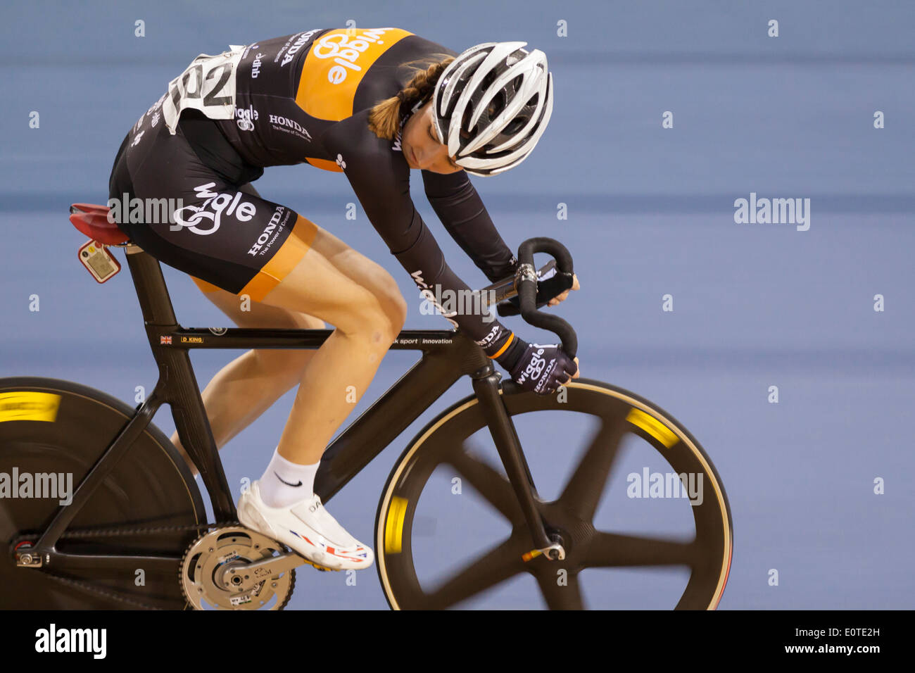 Dani King competes in the Women's Omnium at Revolution 5 2014, Lee Valley Velopark, Stratford Stock Photo
