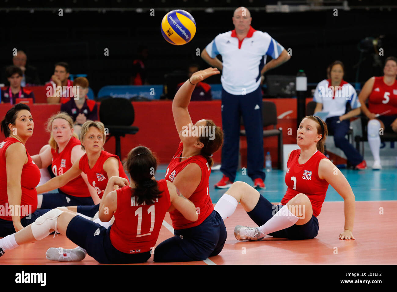 Martine Wright of Great Britain (c) in action during the London 2012 Paralympic Games first pool A match Women's sitting volleyball Great Britain vs Ukraine in London, Britain, 31 August 2012. Wright lost both of her legs in the Aldgate underground explosion in the July 7 London bombings in 2005. Ukraine won 3-0 Stock Photo