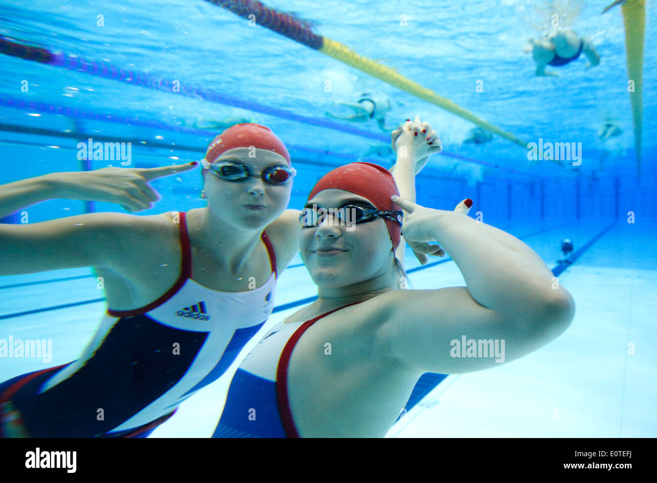 British swimmers pose for a photograph underwater during training at the Aquatics Center during the London 2012 Paralympic Games, London, Britain, 01 September 2012. Stock Photo