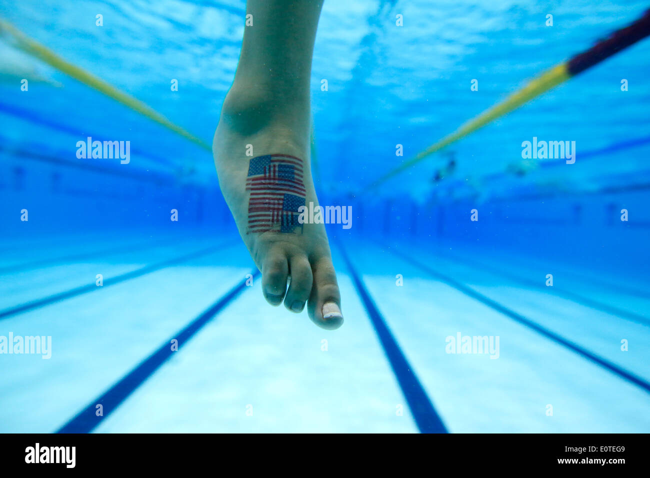 The American flag on foot of an swimmer who trains at the Aquatics Center during the London 2012 Paralympic Games, London, Britain, 01 September 2012. Stock Photo