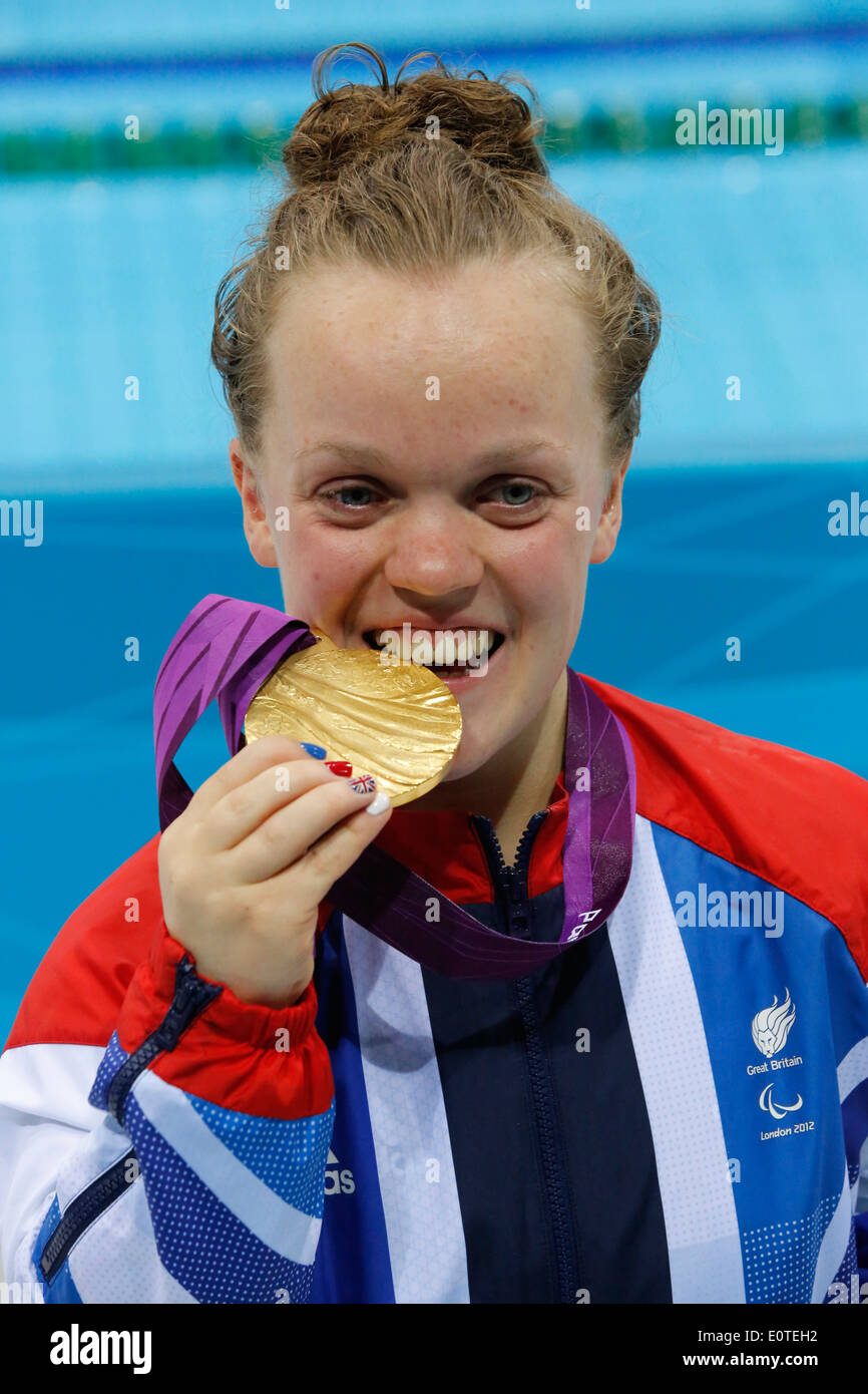 Eleanor Simmonds of Great Britain celebrates with her gold medal following the Women's 400m Freestyle - S6 Final swimming session competition held at the Aquatics Center during the London 2012 Paralympic Games in London, Britain, 01 September 2012. Stock Photo