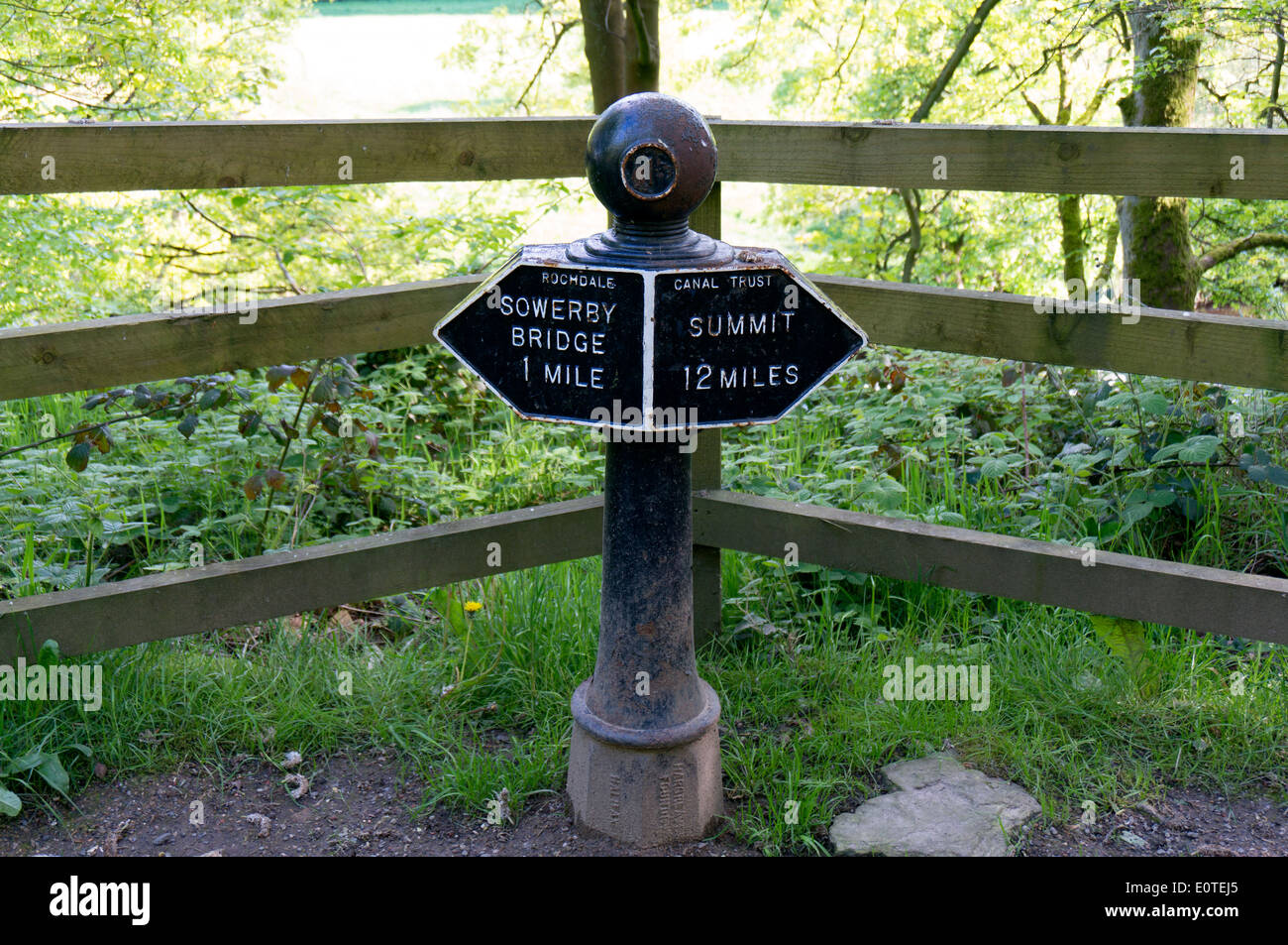 Old canal signpost on Rochdale Canal beside the towpath Stock Photo