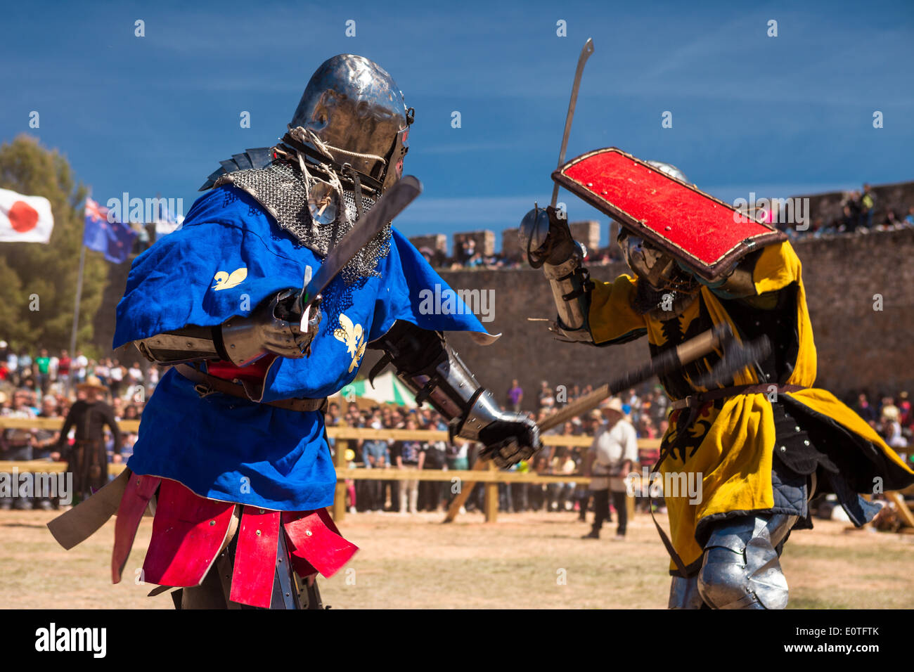 Medieval fighters in the Medieval Combat World Championship 2014 in Belmonte, Spain. France vs Germany in 1vs1 Stock Photo