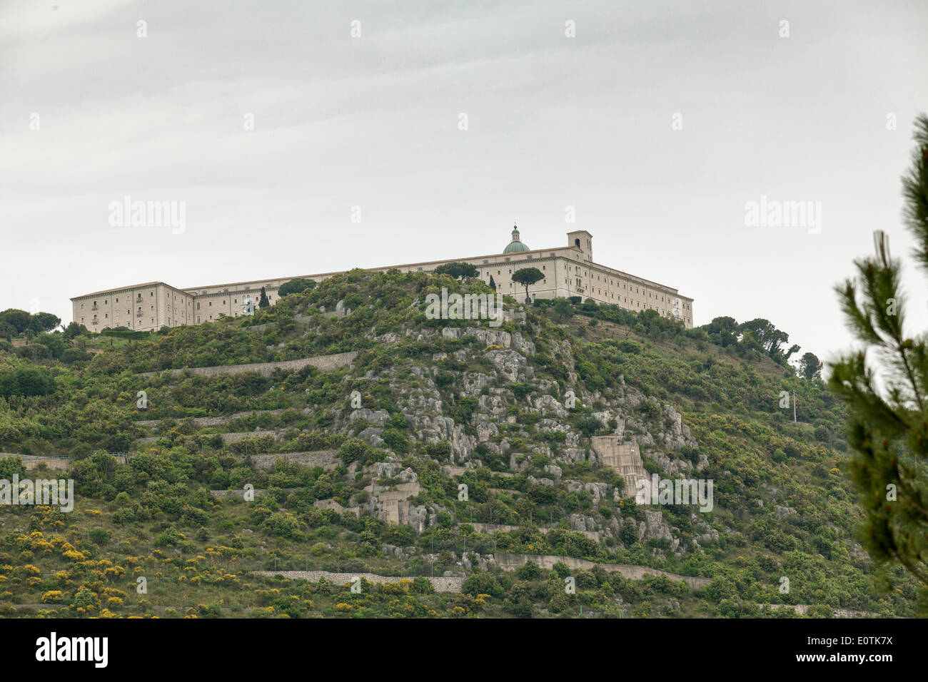 Cassino, Italy. 19th May 2014. 70th Anniversary of the end of the battles of Cassino , The rebuilt monastery seen from the Commonwealth War Cemetery in Cassino, Italy. Stock Photo