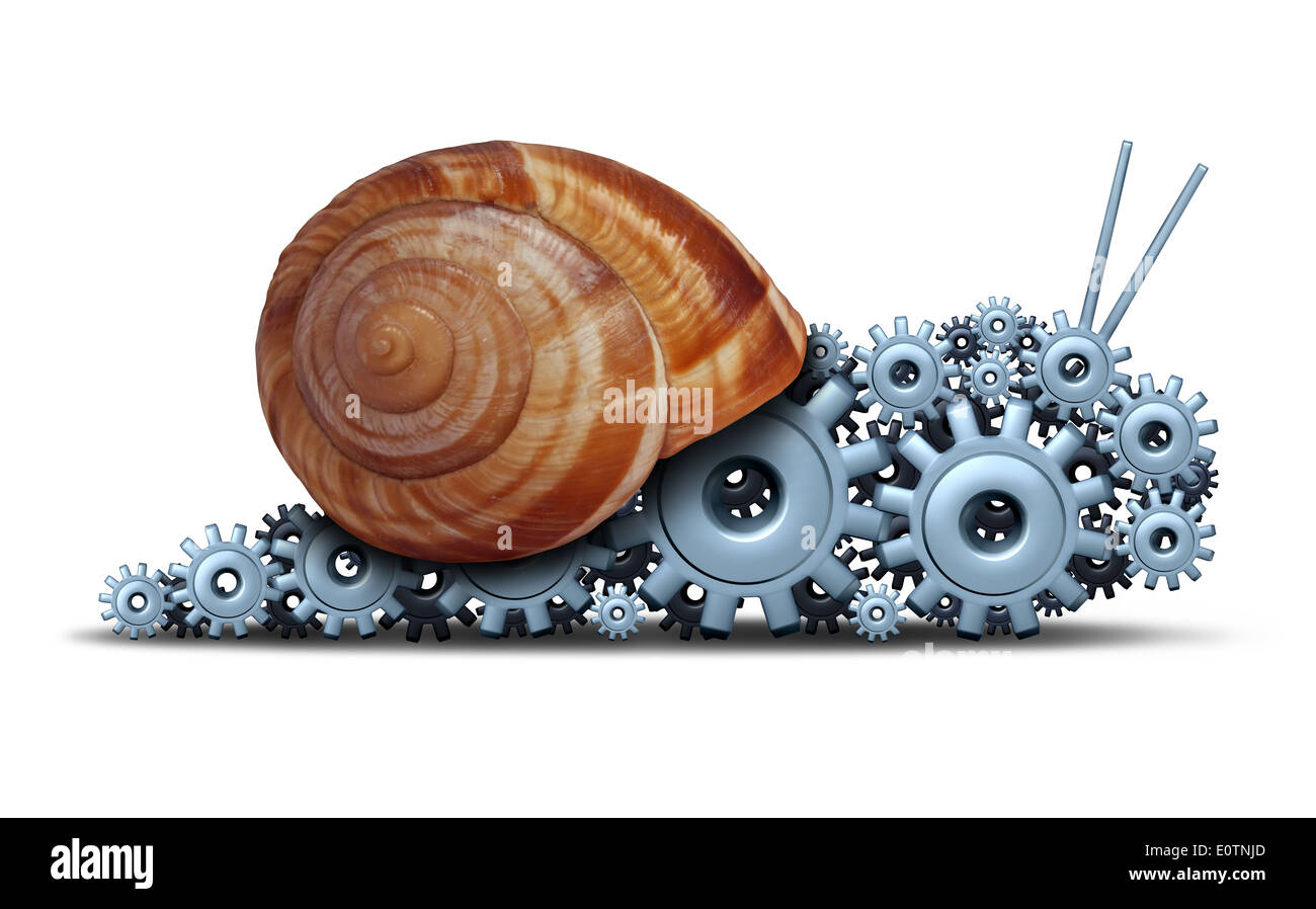 Slow Business concept as a snail shaped as a group of gears and cogs as a financial motor metaphor for sluggish progress technology and innovation delays or economic engine progress on a white background. Stock Photo
