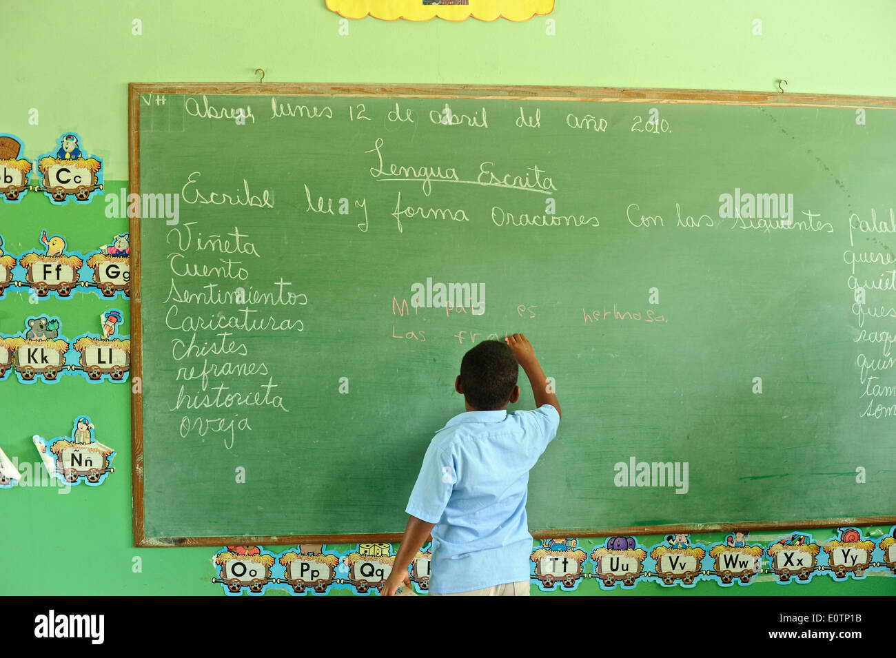 Dominican children learning in a classroom in Cabrera, next to Playa Grande, 120 km east of Puerto Plata. Stock Photo