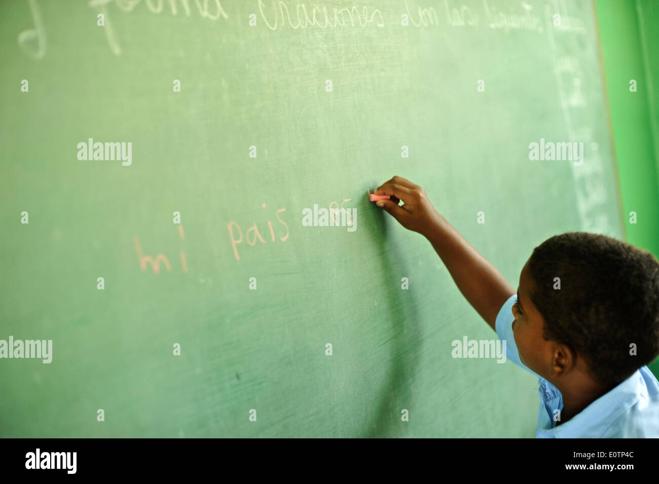 Dominican children learning in a classroom in Cabrera, next to Playa Grande, 120 km east of Puerto Plata. Stock Photo