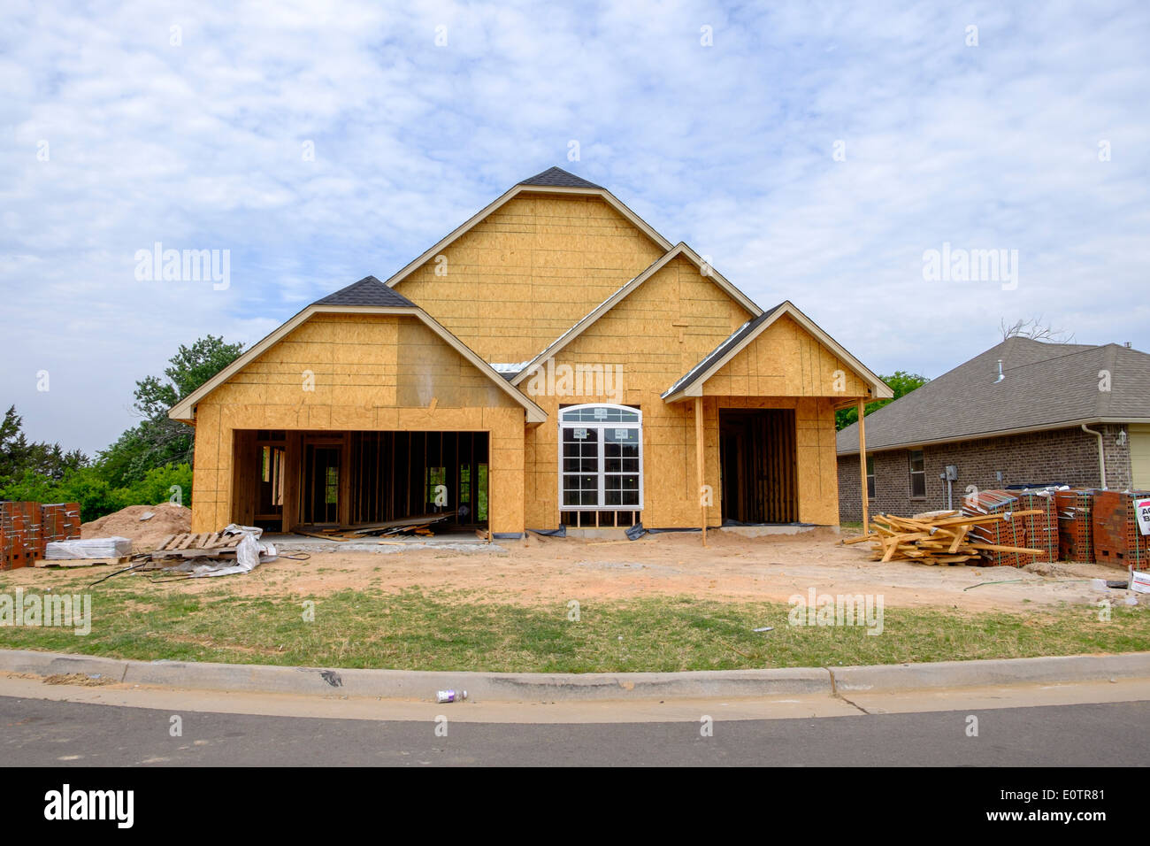 New home construction, showing a house ready to be bricked. Oklahoma City, Oklahoma, USA. Stock Photo