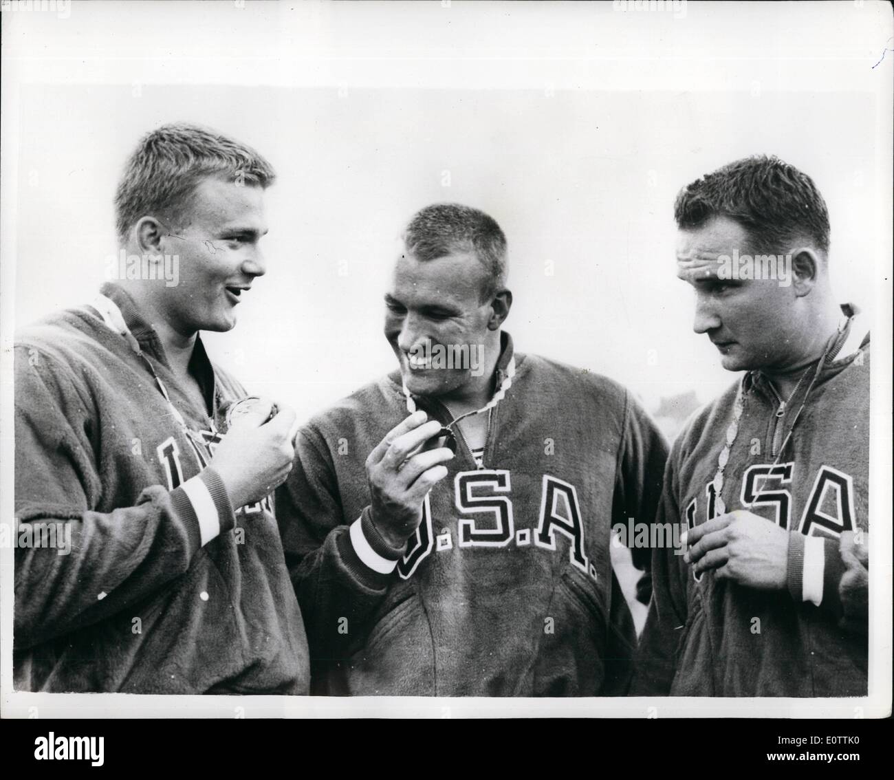 Sep. 09, 1960 - Olympic Games in Rome: U.S. takes first there places in shot putt. Photo Shows The three American winners of yesterday's Olympic Shot Putt event in Rome. (L to R): D. Long, (Bronze Medal); W. Nieder (Gold Medal) and P. O'Brien (Silver Medal). Nieder won with a distance of 64ft. 6 3/4 ins. Stock Photo