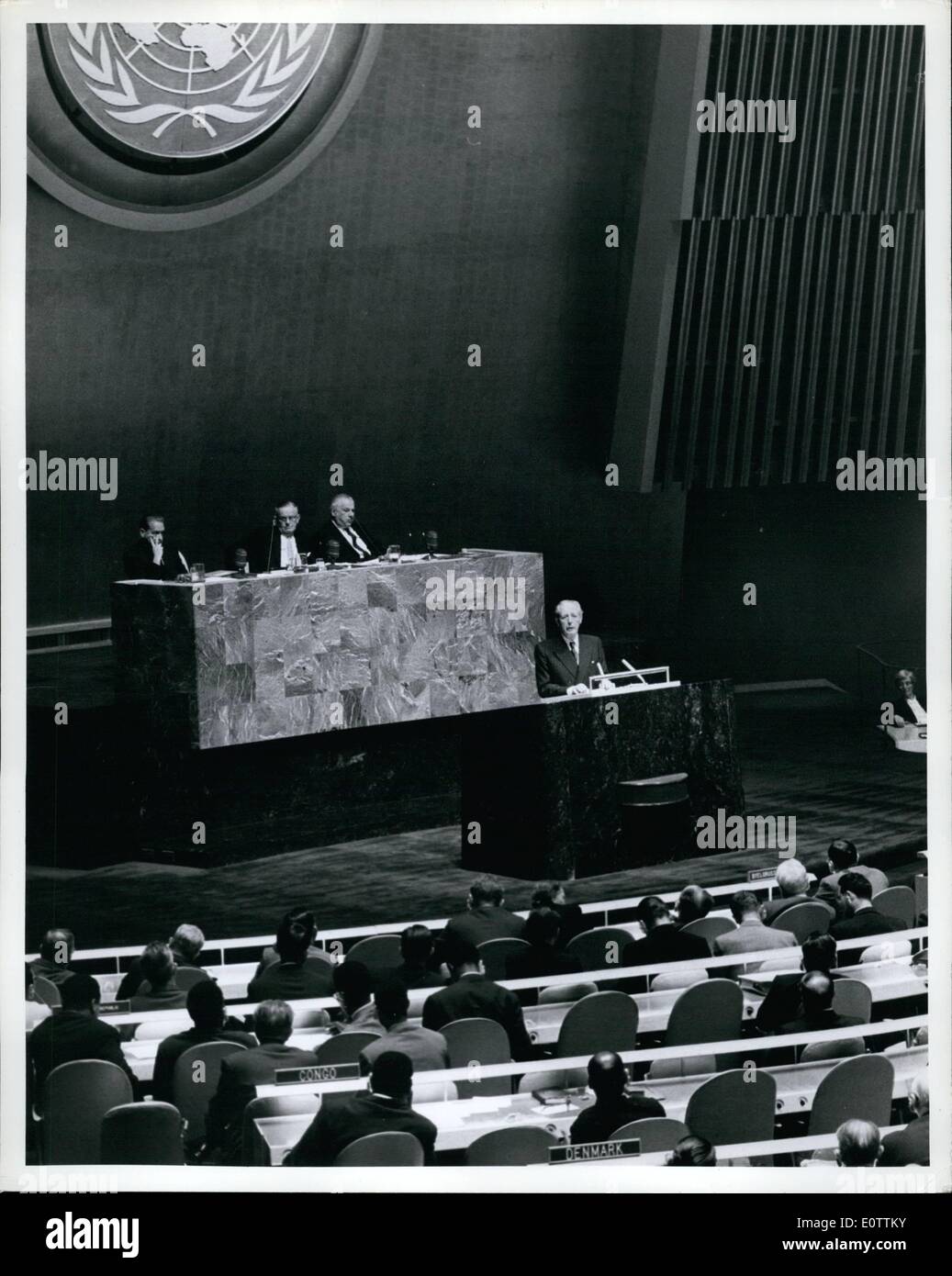 Sep. 09, 1960 - UN General Assembly Continues General Debate: The General Assembly continued general debate today. An unprecedented number of high officials are attending this session which has before it an 87-item provisional agenda, the longest in its history. Here is a view of a section of the Assembly Hall as Prime Minister Harold MacMillan (at speaker's desk), of the United Kingdom, addressed this morning's plenary meeting. On the presidential rostrum (behind speaker) are (l. to r.) : U.N. Secretary-General Dag Hammarskjold; Assembly President Dag Hammarskjold Stock Photo
