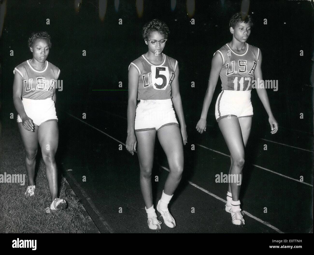 Sep. 09, 1960 - Quickest girl of the world, the american girl Wilma Rudolph in the evening in the Olympic Stade of Amsterdam. Wilma(117)after winning her 100 meter-sprint. At her side Barbara Jones(50)also american sprinter. Stock Photo