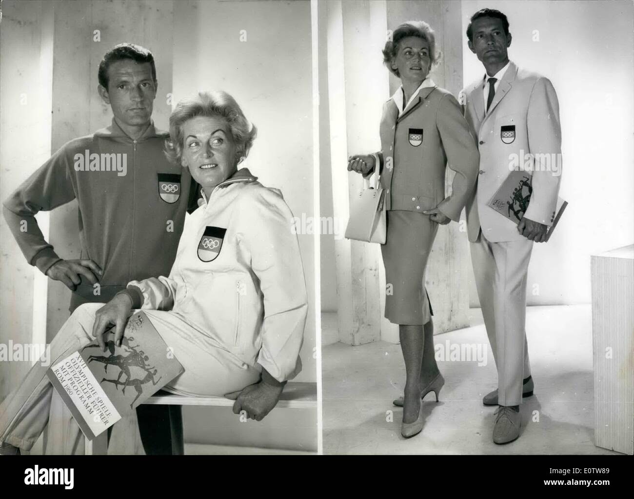 Aug. 08, 1960 - Olympic out-fit for the all-German team...is partly made in West - and partly in East-Germany. This is the out-fit made in West-Germany by Lodenfrey of Munich (for men) and Jobis of Bielefeld (for ladies). Photo Shows: The official ''protective'' suit for ladies (light blue jacket and slacks) and gentlemen (dark blue jacket and trousers). When marching into the stadium, the team will wear a turquois coloures costume (for the ladies) and a beige coloured suit (for the men) Stock Photo