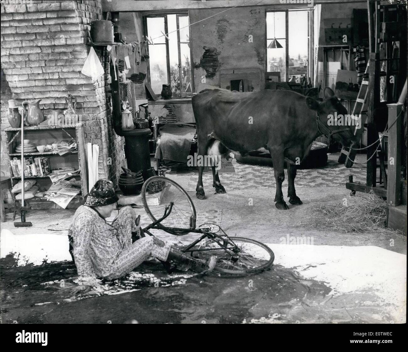 Aug. 08, 1960 - Tony Hancock Filming ''The Rebel'' At Eistree.: Comedian Tony Hancock plays the part of a highly insignificant painter, a suburban clerk who goes to Paris with the idea of producing modern ''action'' paintings in his Elstree. Hancock fits himself out with all the necessary gear sou' wester, gumboots, yellow pyjames, and a bicycle to ride the paint well into the canvas. Alsohe has a cow called Ermyntrude. Photo shows Tony Hancock pictured on the set- a Bohemian's flat in Paris - where he takes on surrealism painting with the aid of a bicycle and the cow. Stock Photo