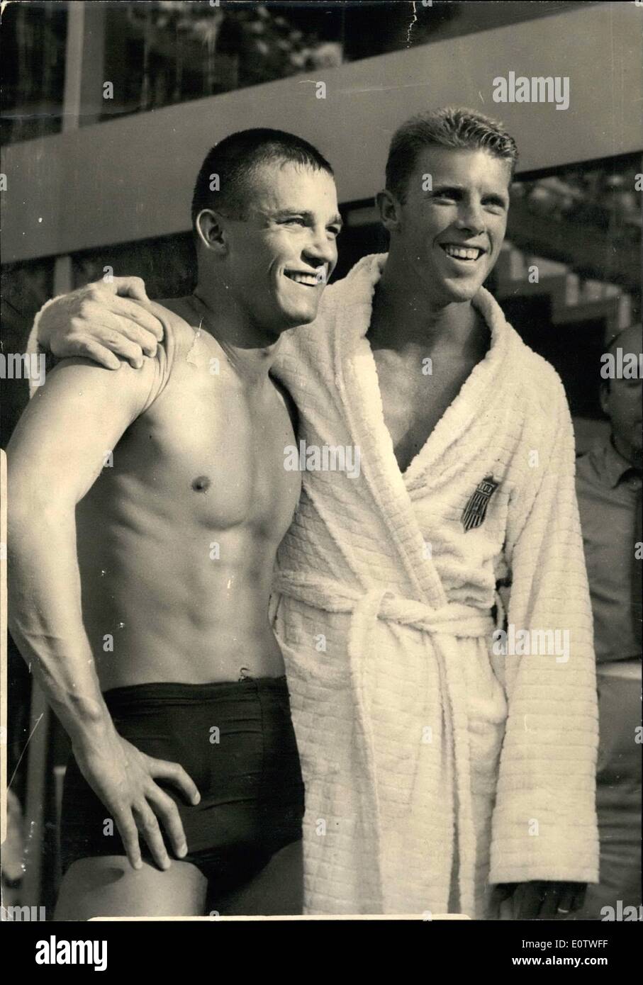 Aug. 08, 1960 - Americas takes first and second final: Gary Tobian of the for winning final of the 3 m. countryman S. Hall second. J Boti Photo shows G. Tobian (right) their great victory thi Stock Photo