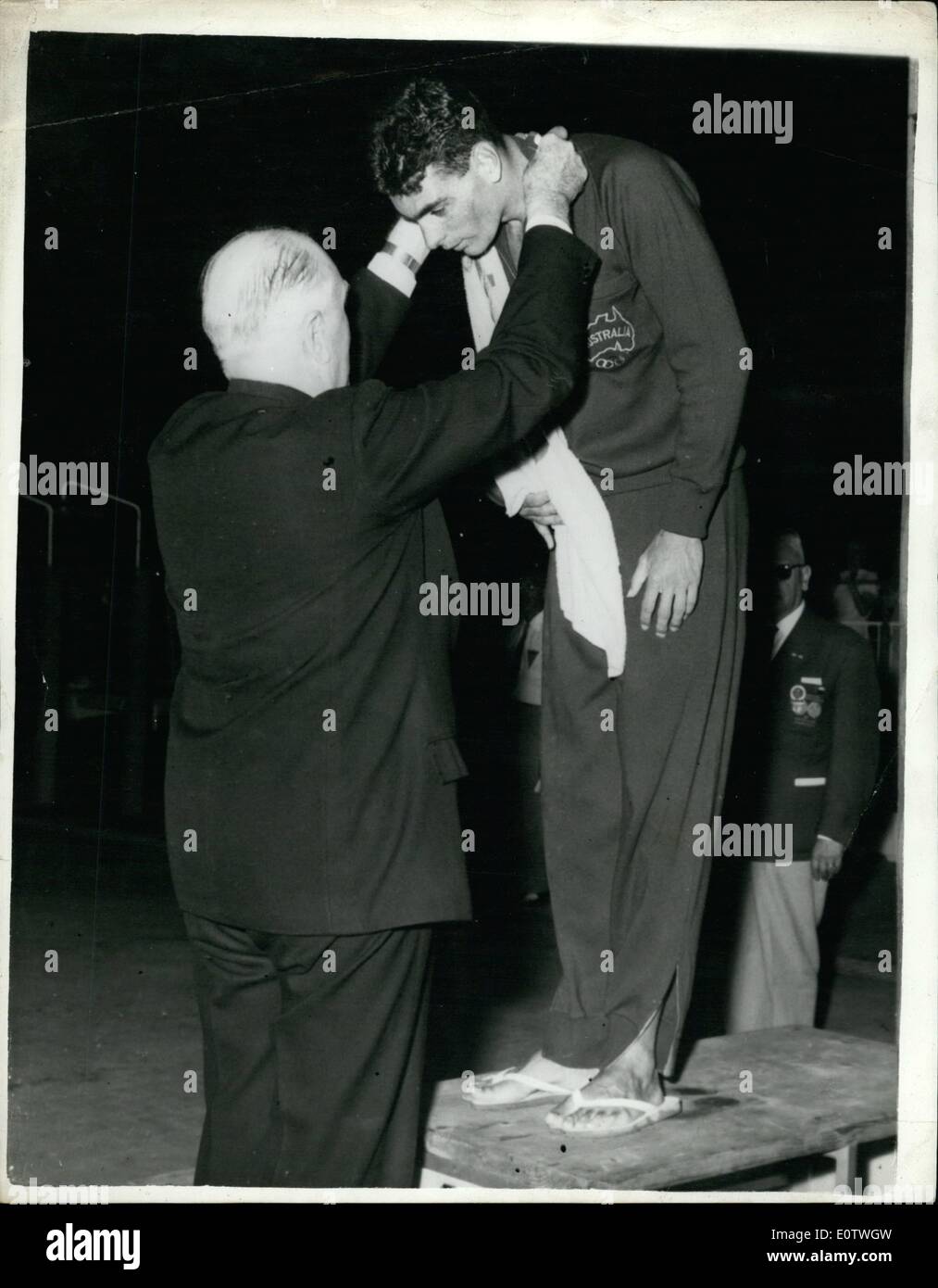 Aug. 08, 1960 - Olympic games in Rome. Gold medal for john devitt. Photo shows John devitt, of Australia, receives his gold medal on Saturday, after winning the men's 100 meters freestyle swimming final, in a new Olympic record time of 55.2 secs. Stock Photo