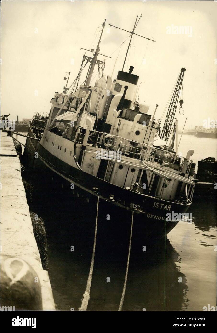 Aug. 13, 1960 - Cargo Ship aground for Three years refloated by two Amateurs:After many months of patient efforts and working 14 hours a day with a team of hired workmen a Grocer, Holliger, nd an Ironmonger, Diaz from Casablanca succeded in refloating an Italian Cargo Ship ''Istar'' aground on a sand dune, is miles South of Casablanca over Three years ago.The ship was given up by the company after International experts had declared there was no hope of salvaging it. Photo shows The ''Istar'' in the harbour of Casablanca. Stock Photo