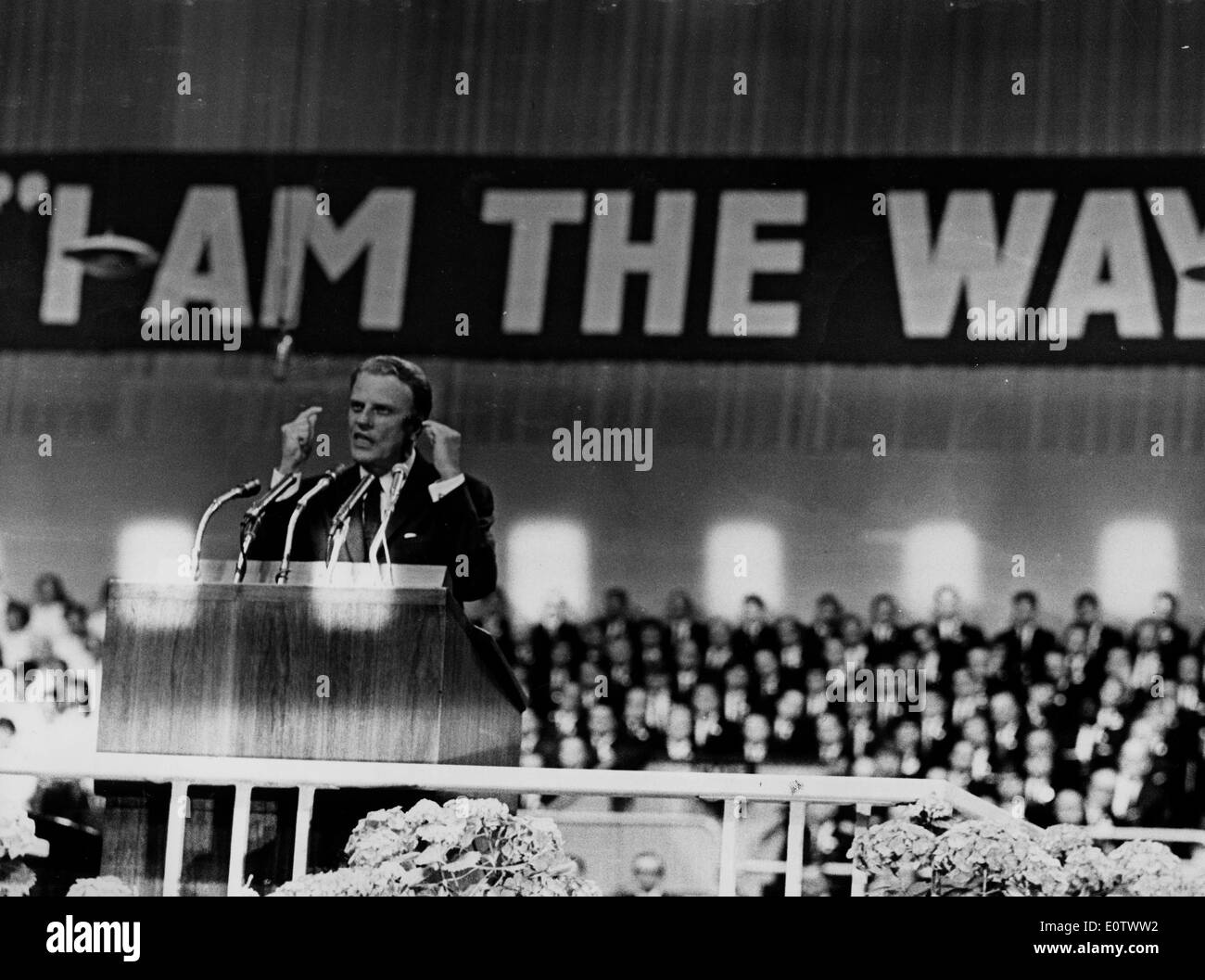 Reverend Billy Graham leads a sermon Stock Photo