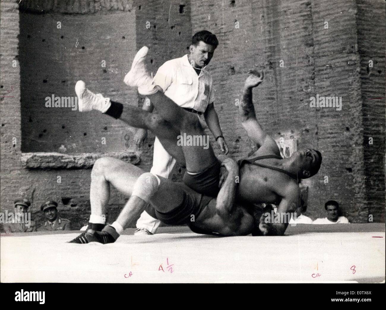 Aug. 29, 1960 - Greco Roman Wrestling ? Hard at work are Hovars USA on top and his opponent Albrecht Germany who was elimina Stock Photo