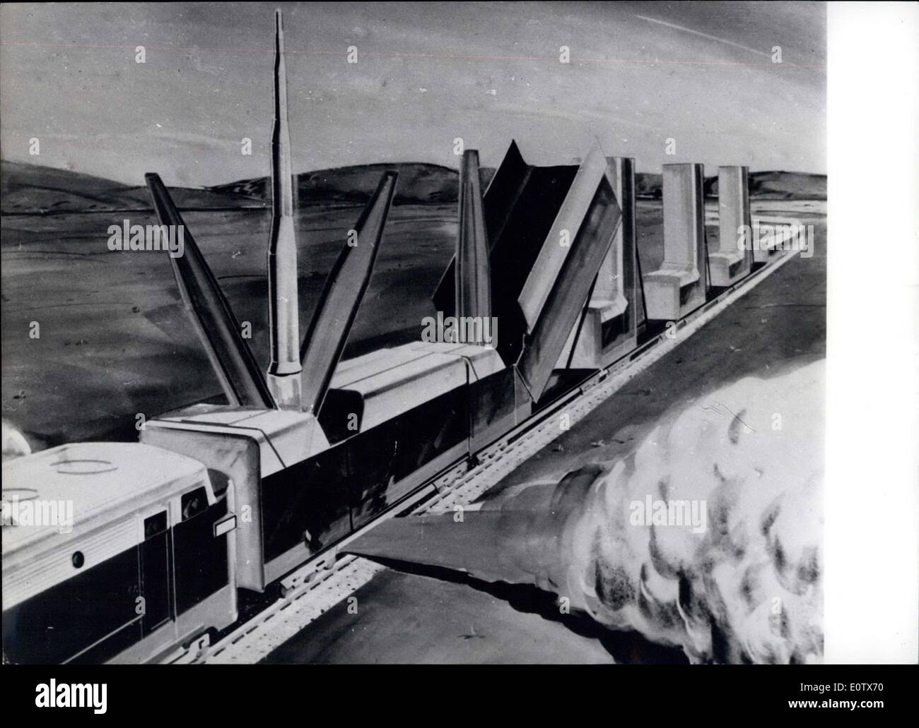 Aug. 29, 1960 - Rocket Launching Pads In tank trains: Tank trains with launching for the International ''Minuteman-rocket are planned by US air-force as latest deterrent missile. These moving rocket bases are to be continually moving along the American railways and build an unreachable goal for a possible aggression. Picture shows an artist's impression on such a rocket train with the ''Minuteman'' ballistic missiles in various stages from horizontal travelling position to vertical firing position. Stock Photo