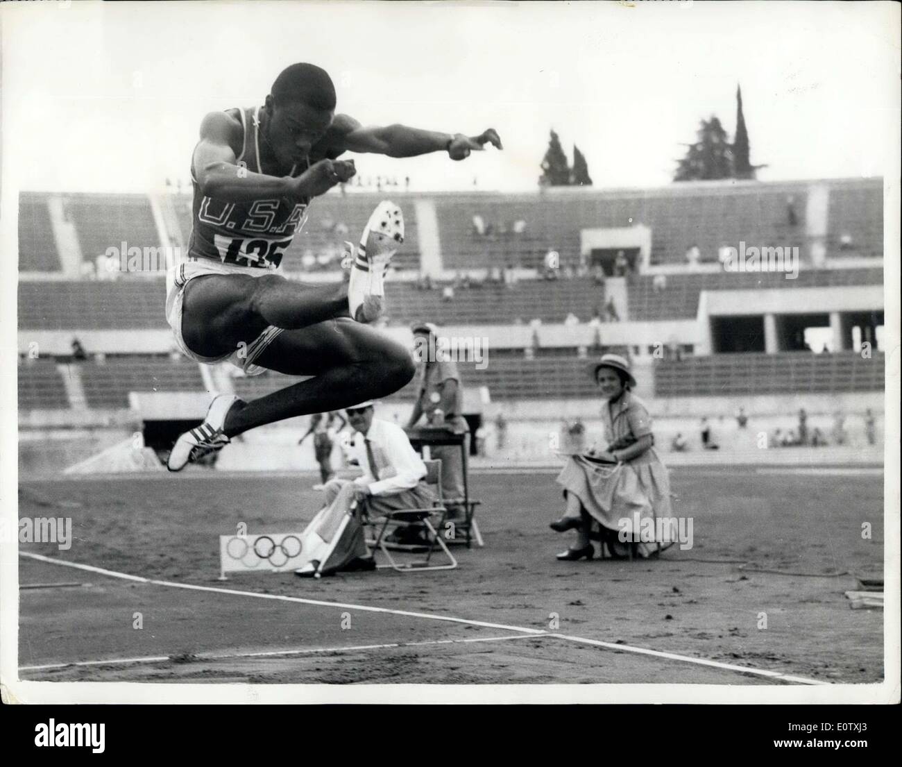Sep. 03, 1960 - Olympic games in Rome. American wins long jump final. Photo shows R. Boston, of the United States seen winning the final of the Men's Long Jump event in Rome yesterday when he created a new Olympic record with a jump of 26ft. 7 1/2 ins, and gave America another Gold Medal. Stock Photo