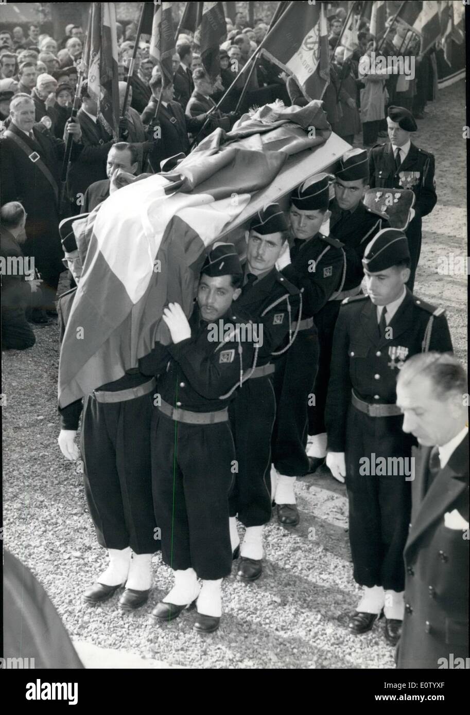 Oct. 10, 1960 - French Pretender's Son Buried In Royal Chapel: The body of Francois D'Orleans, second son of Comte De Paris, killed in action in Algeria, was buried in the Royal Chapel of Dreux. OPS: The coffin carried by soldiers. Stock Photo