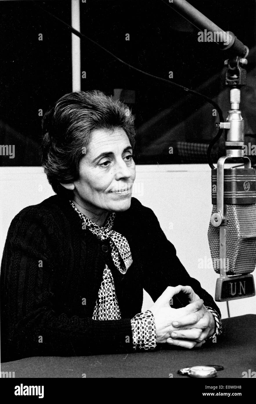 Francoise Giroud French Minister for Women's Affairs   March 6, 1975, New York, New York, USA: FRANCOISE GIROUD, French Minister for Women's Affairs, being interviewed on UN Radio.  Giroud was a the United Nations Headquarters for meetings of the Consultative Committee for the World Conference of International  Women's Year on 6th March 1975. Stock Photo