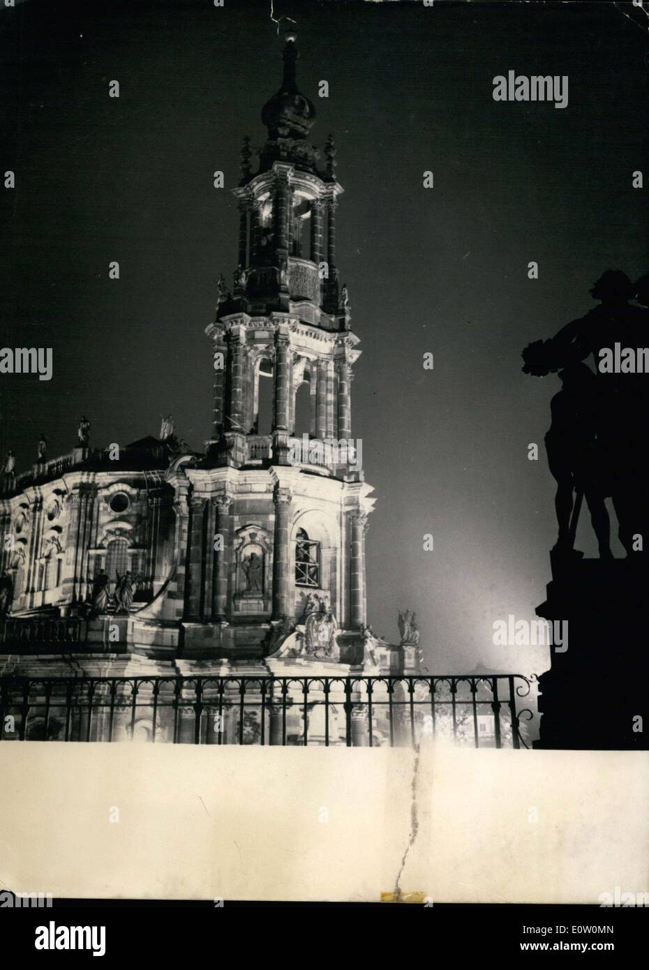 Oct. 19, 1960 - Pictured here is the ''Katholische Hofkirche'' in Dresden. Construction on it began in 1737 and was completed in 1751. It was built by Italian Gaetano Chiaveri. The tower was made by Julius Heinrich Schwarze. The church itself was heavily damaged during World War II and was rebuilt. Stock Photo