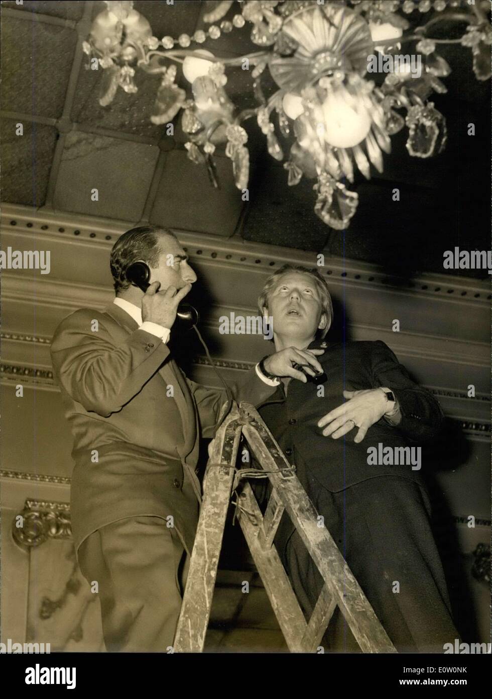 Oct. 27, 1960 - Two Famous Clowns Meet in Paris: Popov, The famous Moscow Circus Clown, met the famous French Clown Zavatta in Paris today. While Popov will be performing with his circus in Paris. Zavatta is to perform in a Moscow Circus. Photo shows Popov and Zavatta hold a ''summit'' conference of their own. Stock Photo
