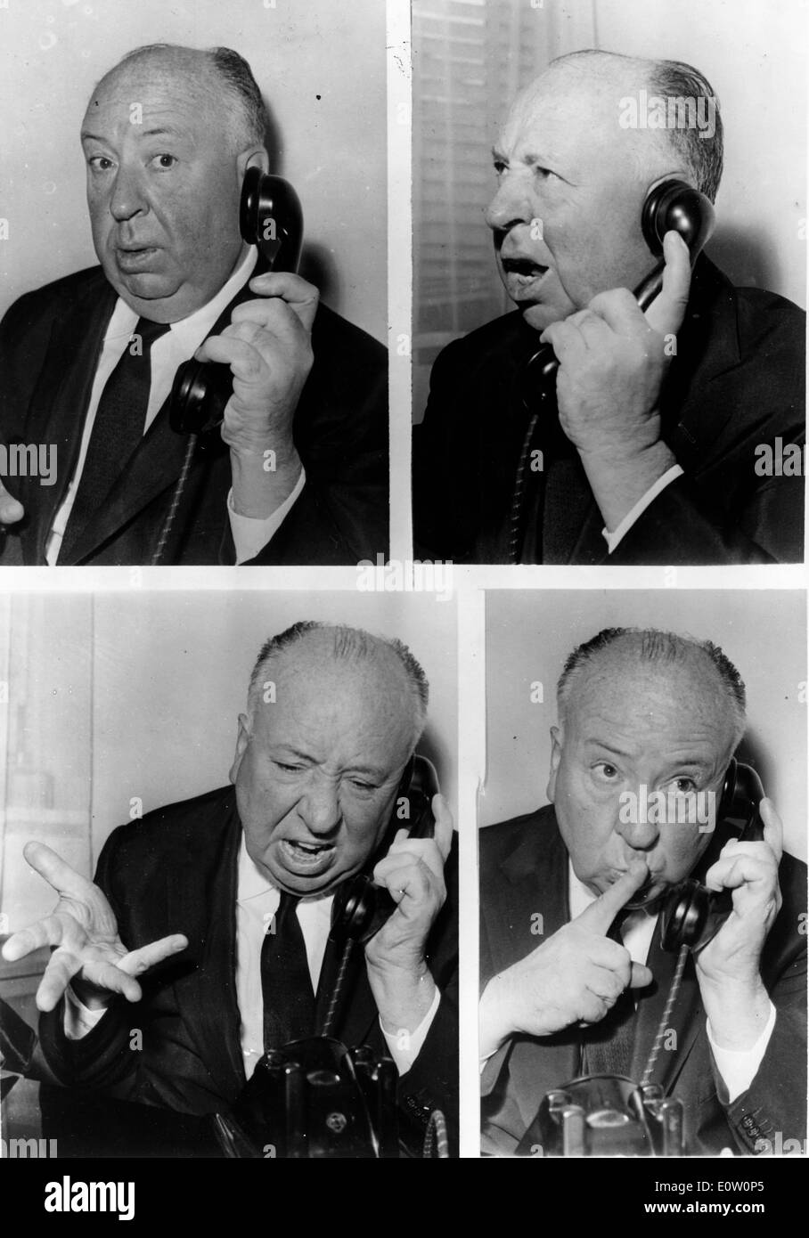 Series of photos of film director Alfred Hitchcock on the telephone Stock Photo