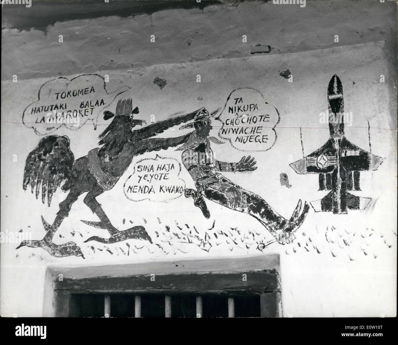 Nov. 11, 1960 - CARTOONS ON SIDE OF HOUSES IN ZANZIBAR - PROTESTING AGAINST INSTALLATION OF U.S. SATELLITE TRACKING STATION: For centuries - International events have had little interest for the natives of Zanzibar. But now that the Americans are constructing a Satellite Tracking Station - complete with radio masts and antenna towers - 15 miles from Zanzibar Town - there have been a number of voices raised in protest Stock Photo